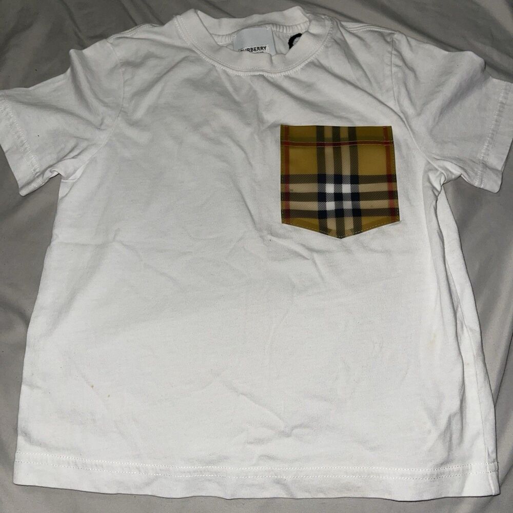 Burberry Boys White T-Shirt Plaid Pocket Size 4Y